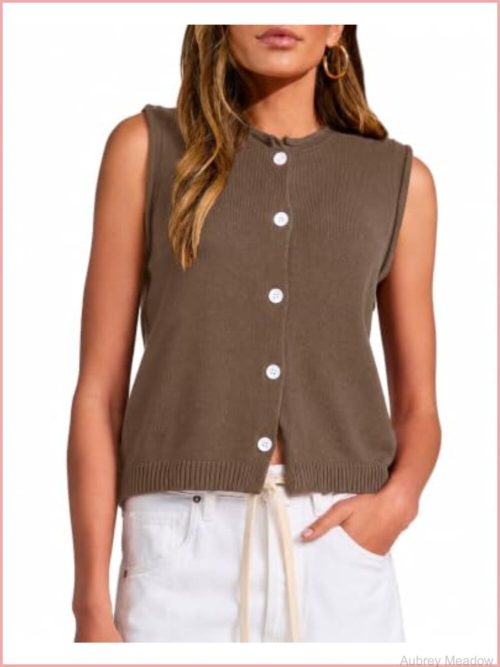 Sleeveless Rib Knit Sweater Vest Button Front Casual
